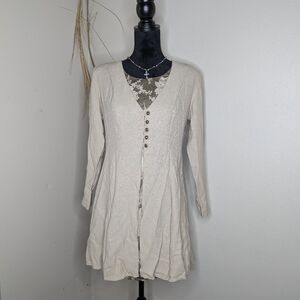 Vintage Dawn Joy Cream Button Up Dress With Tie Back And Shoulder Pads